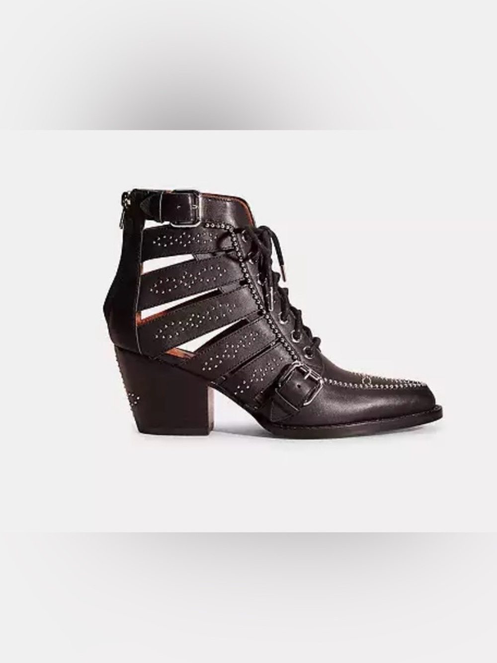 Coach Black Cutout Lace-Up Buckle Block Heel Ankle Boots